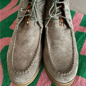 Gently Loved Gray covered wedge moccasin boots